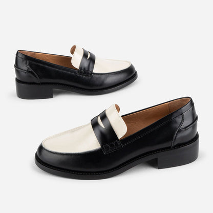 Black and White Round Toe Office Low Heel Penny Loafers Women