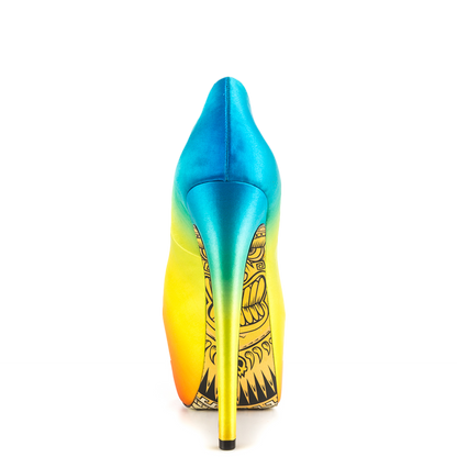 Women's Multicolor Satin Peep Toe Platform Pumps with Printed Outsole