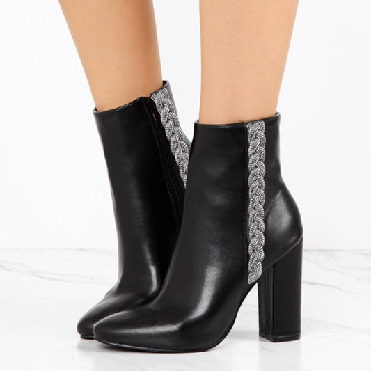 Women's Black Round Toe Rhinestone Braided Strap Heeled Ankle Boots