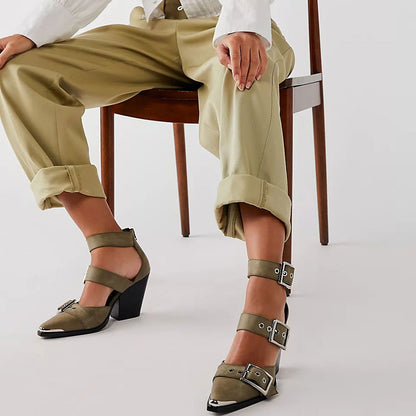 Women's Olive Pointed Toe Triple Strap Block Heel Pumps with Buckles