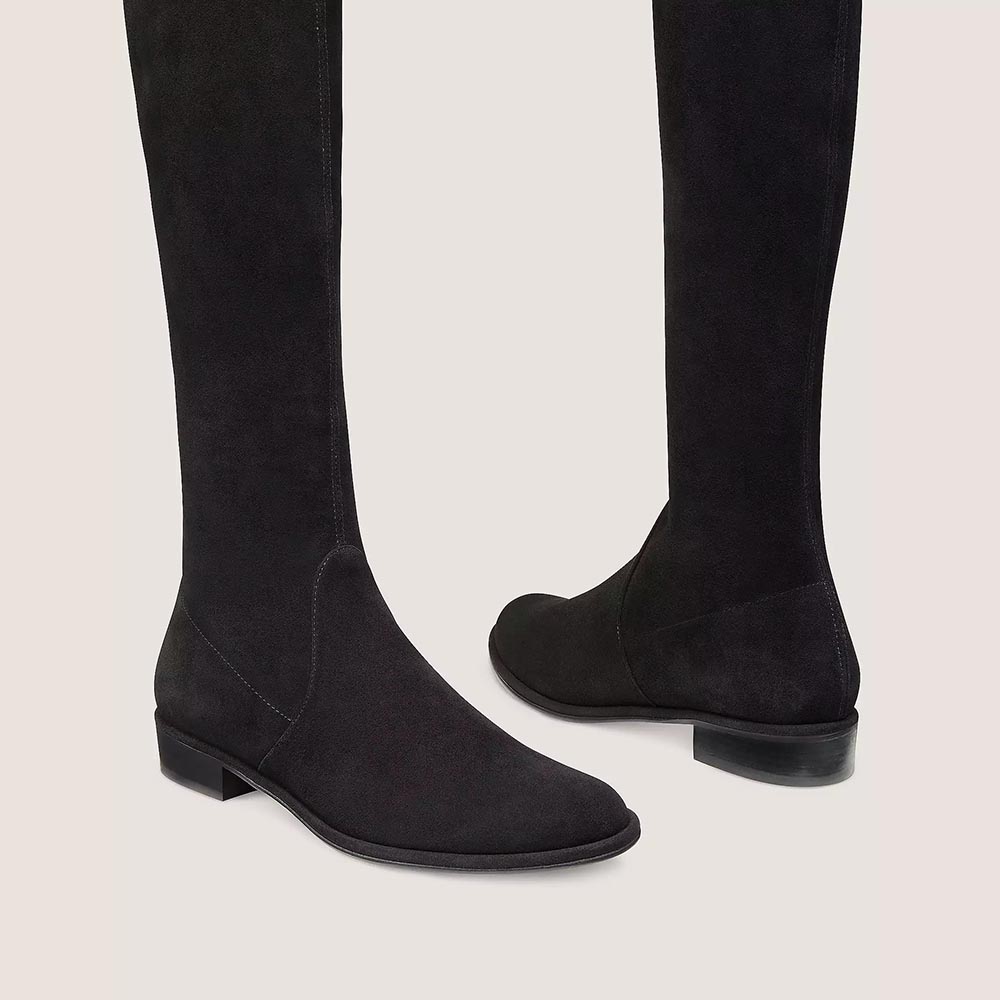 Black Vegan Suede Round Toe Back Lace Up Flats Thigh High Boots