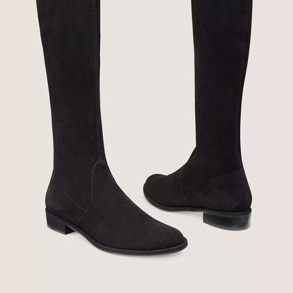 Black Vegan Suede Round Toe Back Lace Up Flats Thigh High Boots