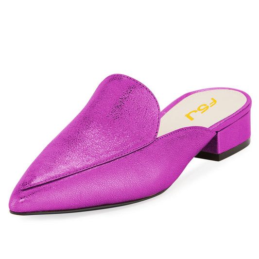 Fuchsia Slip-On Pointed Toe Block Heel Mule Loafers for Women