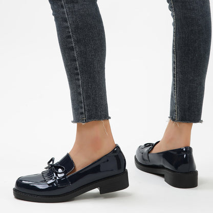 Black Patent Leather Closed Toe Chunky Heel Loafers with Bow