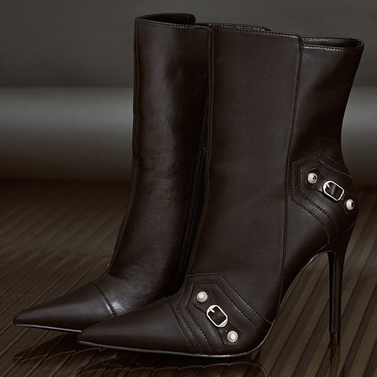 Black Faux Leather Pointed Toe Stiletto Heels Buckle Decor Ankle Boots