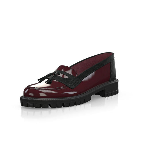 Maroon Patent Leather Round Toe Chunky Heel Fringe Loafers