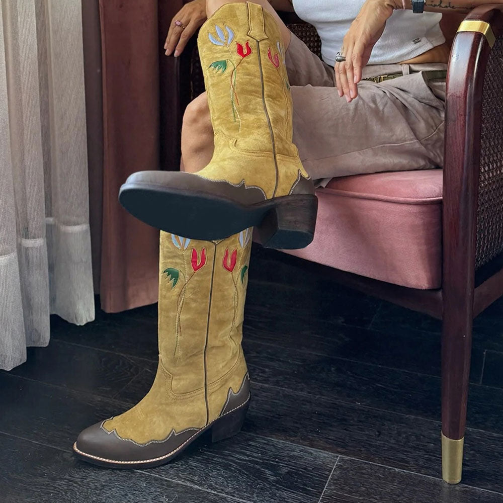 Yellow Block Heel Flower Inlay Snip Toe Women's Cowgirl Boots