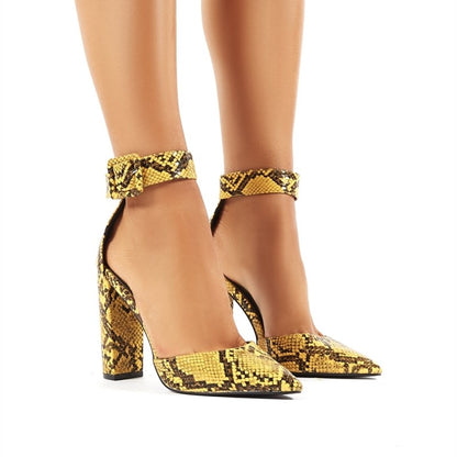 Women's Yellow Snakeskin Ankle Strap Chunky Heels Pumps