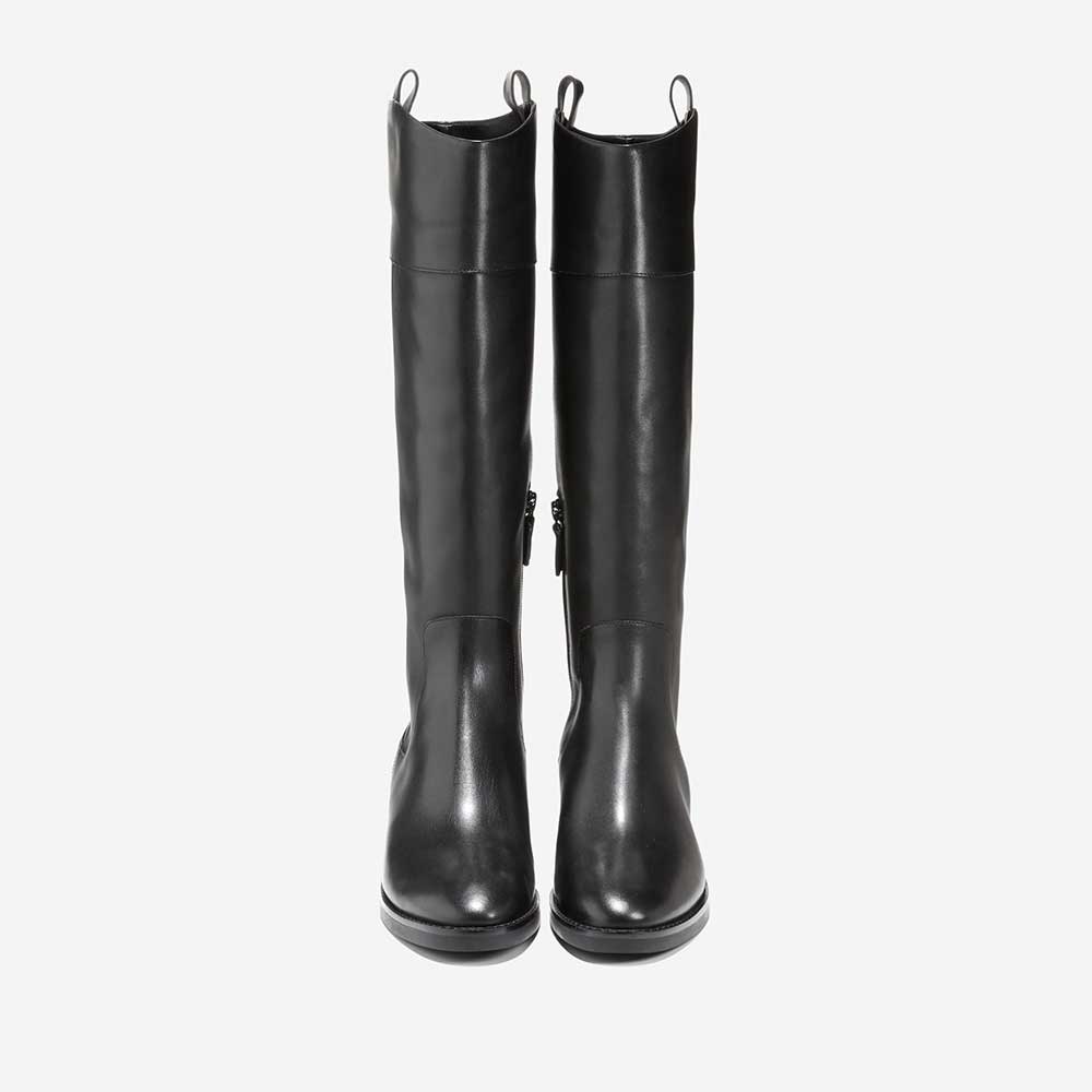 Black Vegan Leather Closed Toe Chunky Heel Knee High Boots