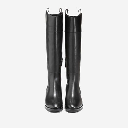 Black Vegan Leather Closed Toe Chunky Heel Knee High Boots