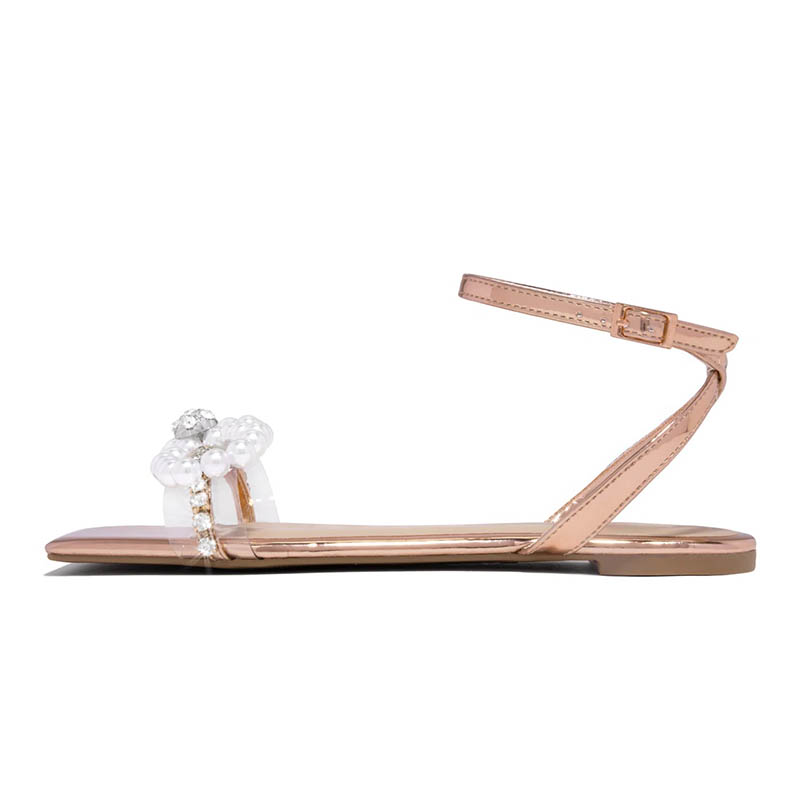Rose Gold Square Toe Flats Ankle Strap Pearl Bow Rhinestone Sandals