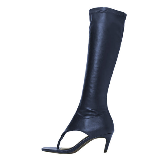 Navy Kitten Heel Open Round Toe Knee High Boots with Zipper