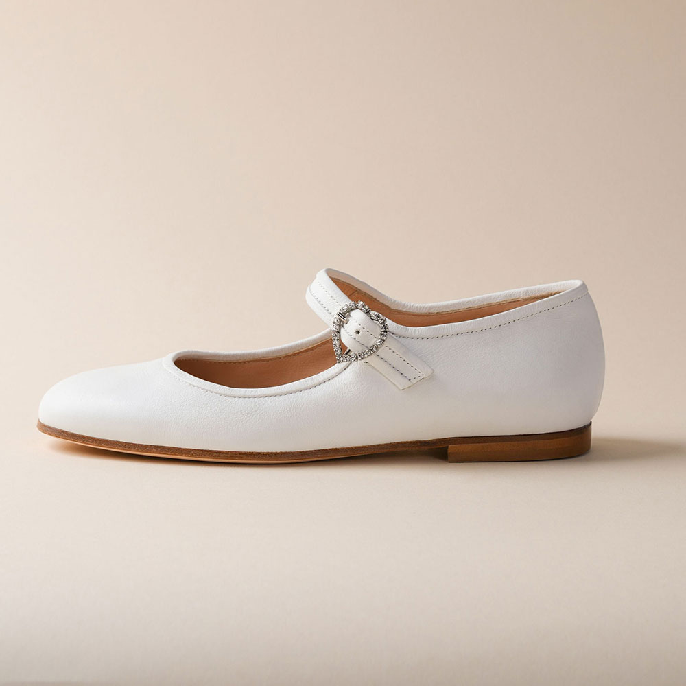 White Vegan Leather Round Toe Mary Jane Flats with Rhinestone Buckle