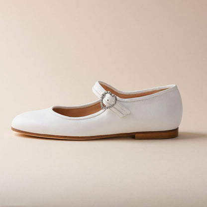 White Vegan Leather Round Toe Mary Jane Flats with Rhinestone Buckle