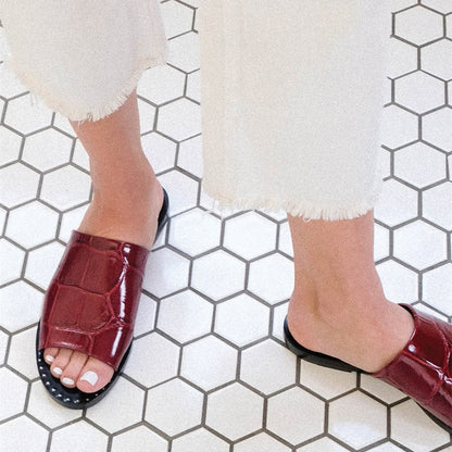 Burgundy Croco Embossed Flats Open-Toe Studded Women's Slide Sandals