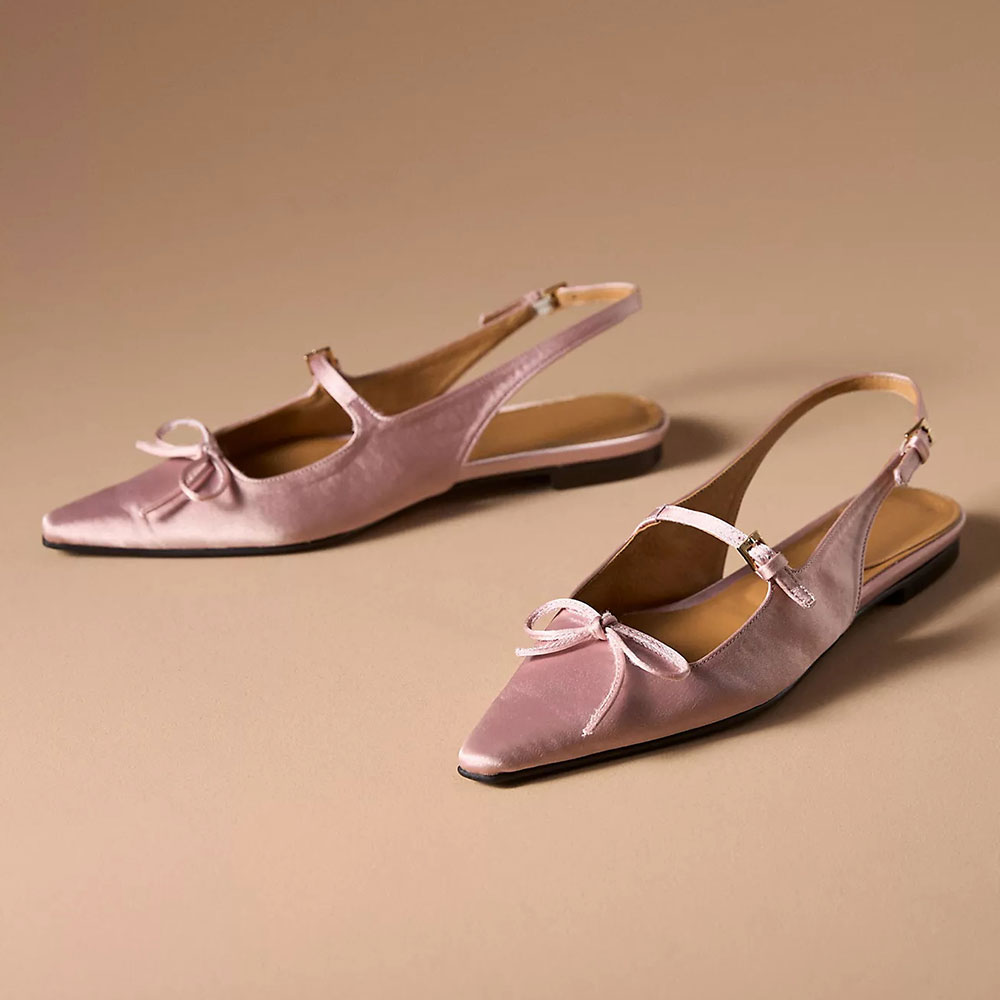 Elegant Pink Satin Buckle Strap Slingback Pointed-Toe Flats with Bow