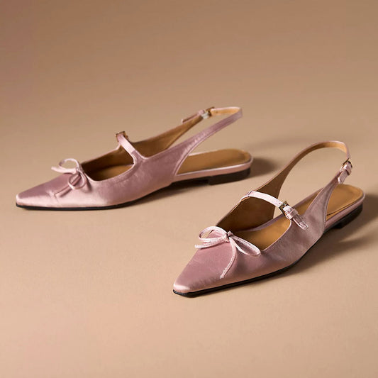 Elegant Pink Satin Buckle Strap Slingback Pointed-Toe Flats with Bow