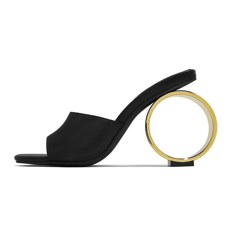 Black Faux Leather Square Toe Sculptural Heel Mules
