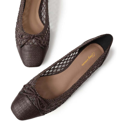 Dark Brown Woven Square Toe Bow Decor Cut-Out Flat Shoes for Women