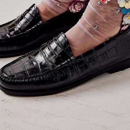 Black Croco Embossed Round-Toe Flat Penny Loafers for Women