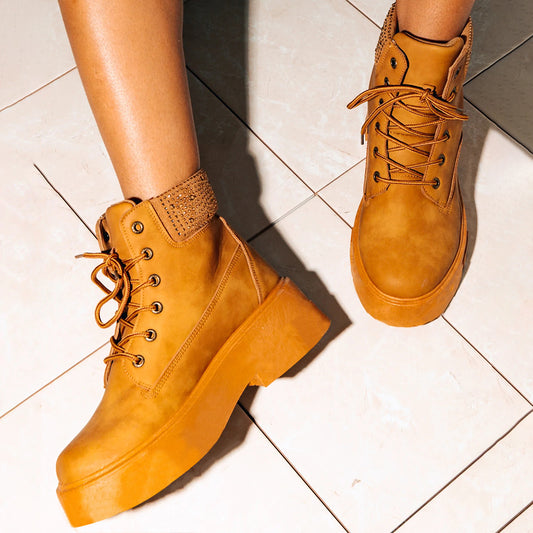 Women's Tan Round Toe Lace Up Chunky Boots with Rhinestone