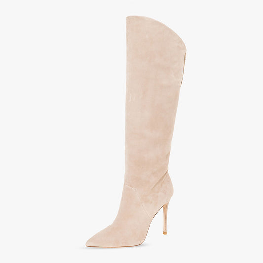 White Beige Stiletto Heel Butterfly Embellished Knee High Boots