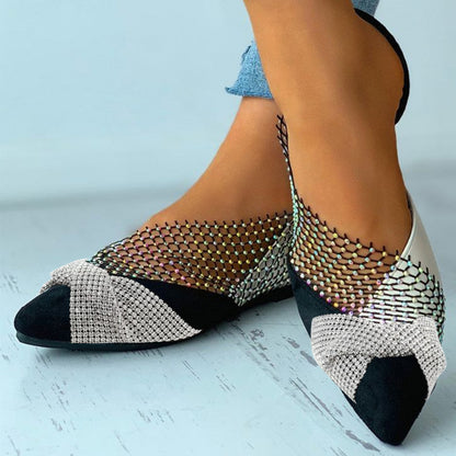 Black Colorblock Pointed Toe Hallow Flats With Rhinestone Bow Decor Flats