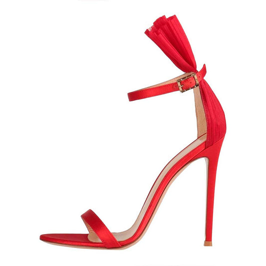 Red Satin Pleated Tulle Ankle Strap High Heels Sandals for Prom
