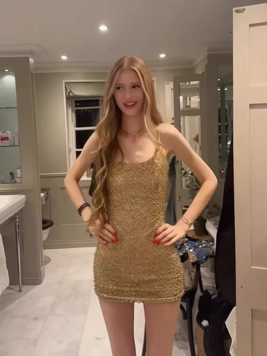 Vintage Golden Sheath Homecoming Dress Shiny Beaded Party Dress Short Cocktail Dress T4634