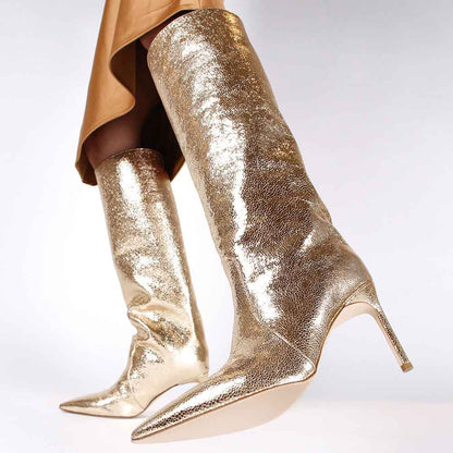 Gold Metallic Pointed Toe Stiletto Heel Wide Calf Knee High Boots