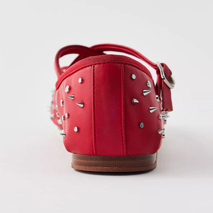 Red Round Toe Studded Mary Jane Ballet Flats with Bow Decor