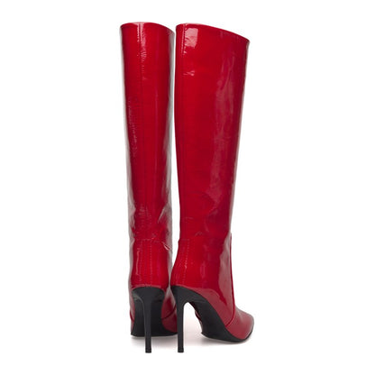 Red Pointed Toe Patent Leather Fashion Stilettos Knee High Boots