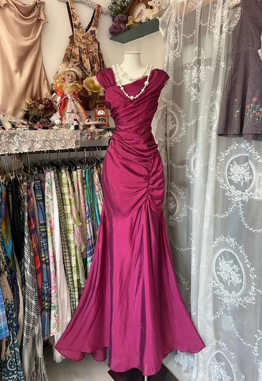 Vintage Fuchsia Mermaid Evening Gown Satin Pleated Party Dress Long Formal Dress TP4933