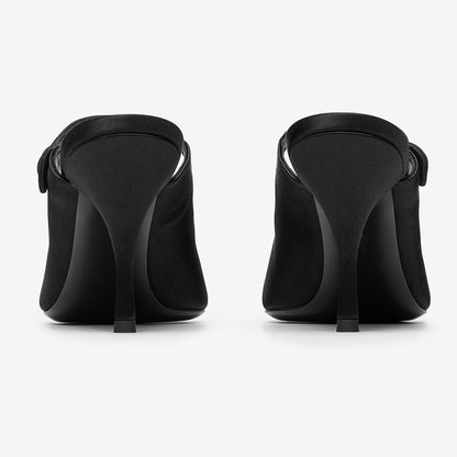 Black Closed Pointed Toe Stiletto Heel Buckled Strap Mules for Women