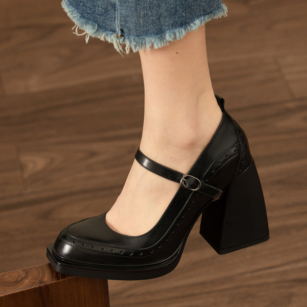Black Vegan Leather Closed Toe 4'' Chunky Heel Platform Loafers