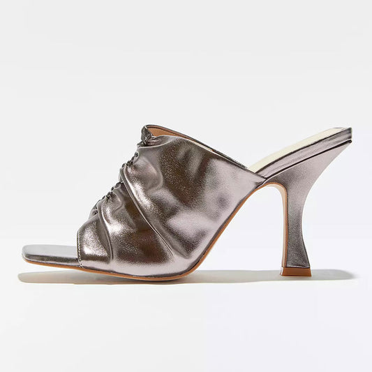 Stylish Silver Metallic Square Toe Flared Heel Ruched Mules for Women