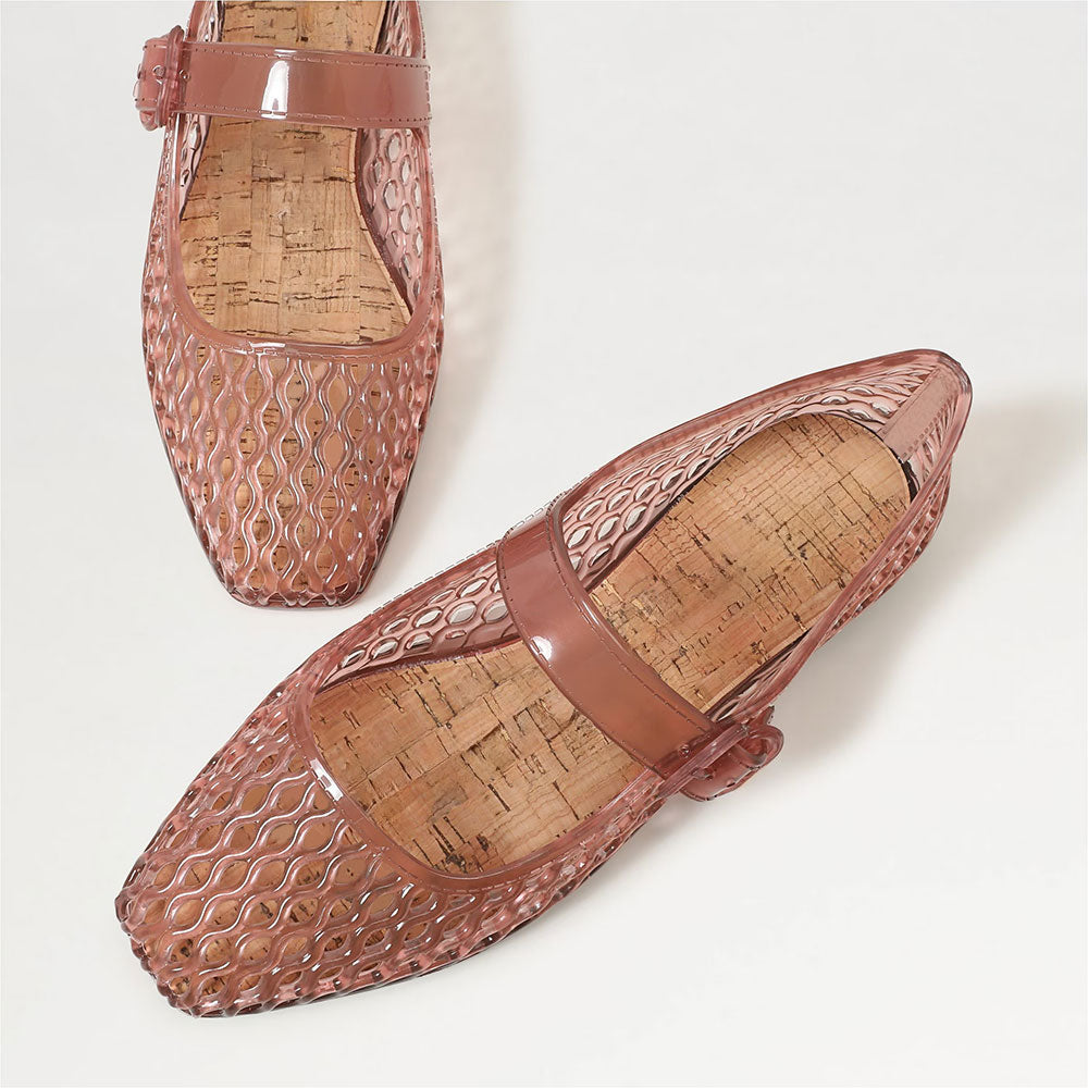 Pink Hollow Out PVC Square Toe Buckle Strap Jelly Mary Jane Flats