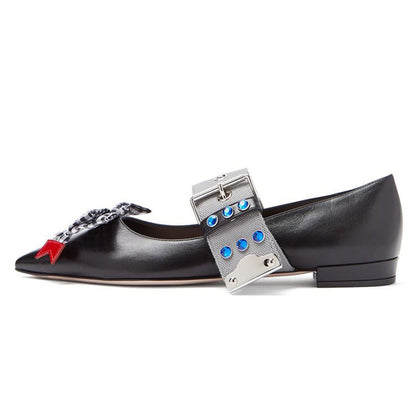Black Pointed Toe Buckled Women's Mary Jane Flats with Bow