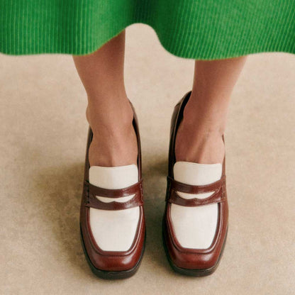 Brown & White Vegan Leather Square Toe Chunky Heel Platform Loafers