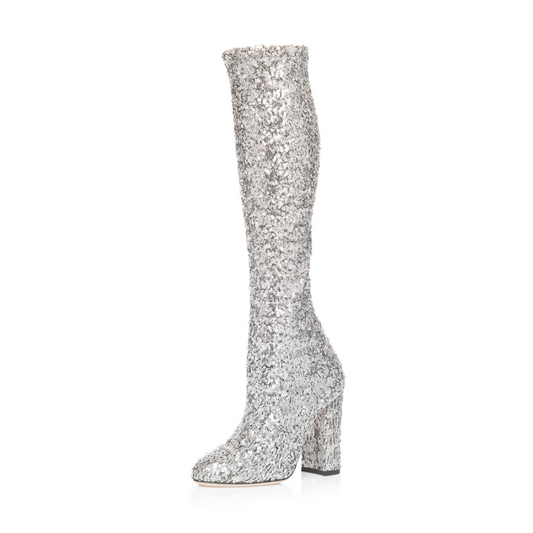 Women's Silver Sequin Chunky Heel Knee High Sparkly Boots