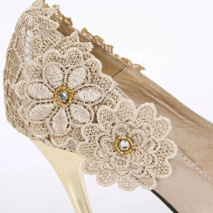 Champagne Wedding Shoes Heels Peep Toe Lace Flower Platform Pumps