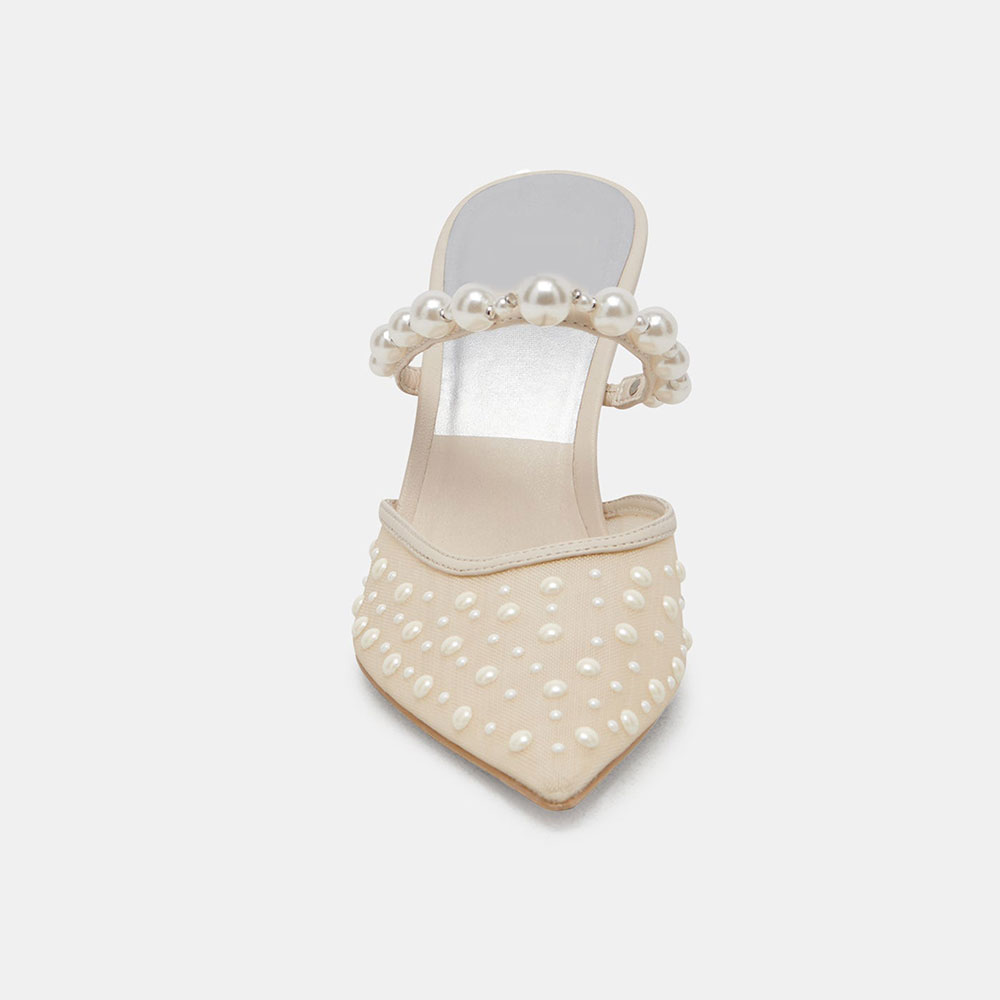 Beige Mesh Pointed Toe Pearl Embellished Wedding Shoes Mule Heels