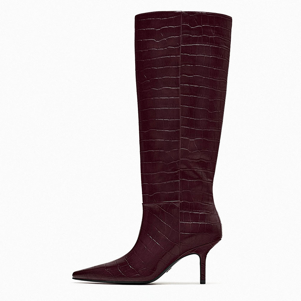 Brown Pointed Toe Stiletto Heel Wide Calf Knee High Boots