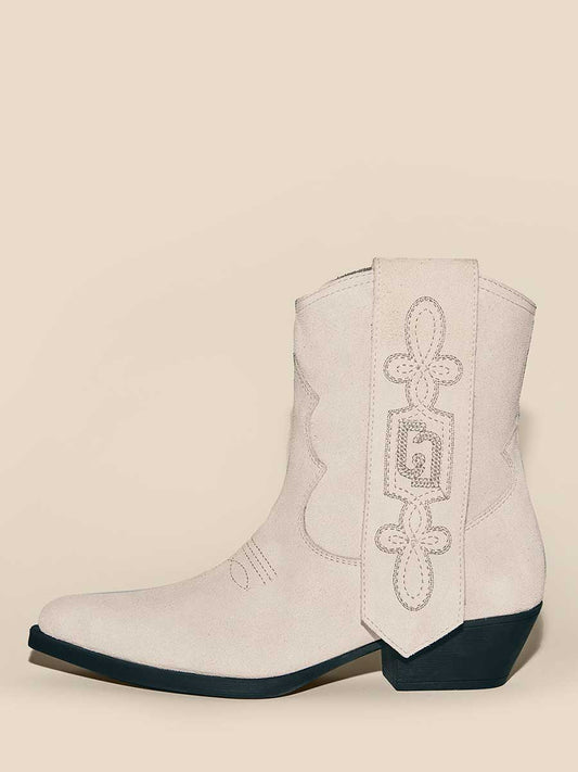 White Faux Suede Snip Toe Side Loop Embroidered Western Ankle Boots