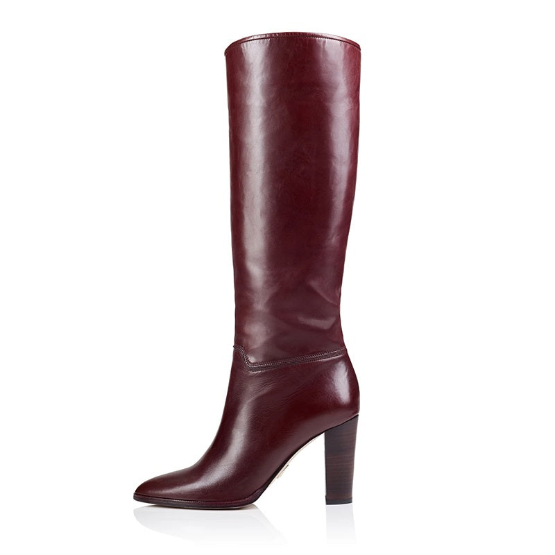 Classic Maroon Pointed Toe Chunky Heel Knee High Boots