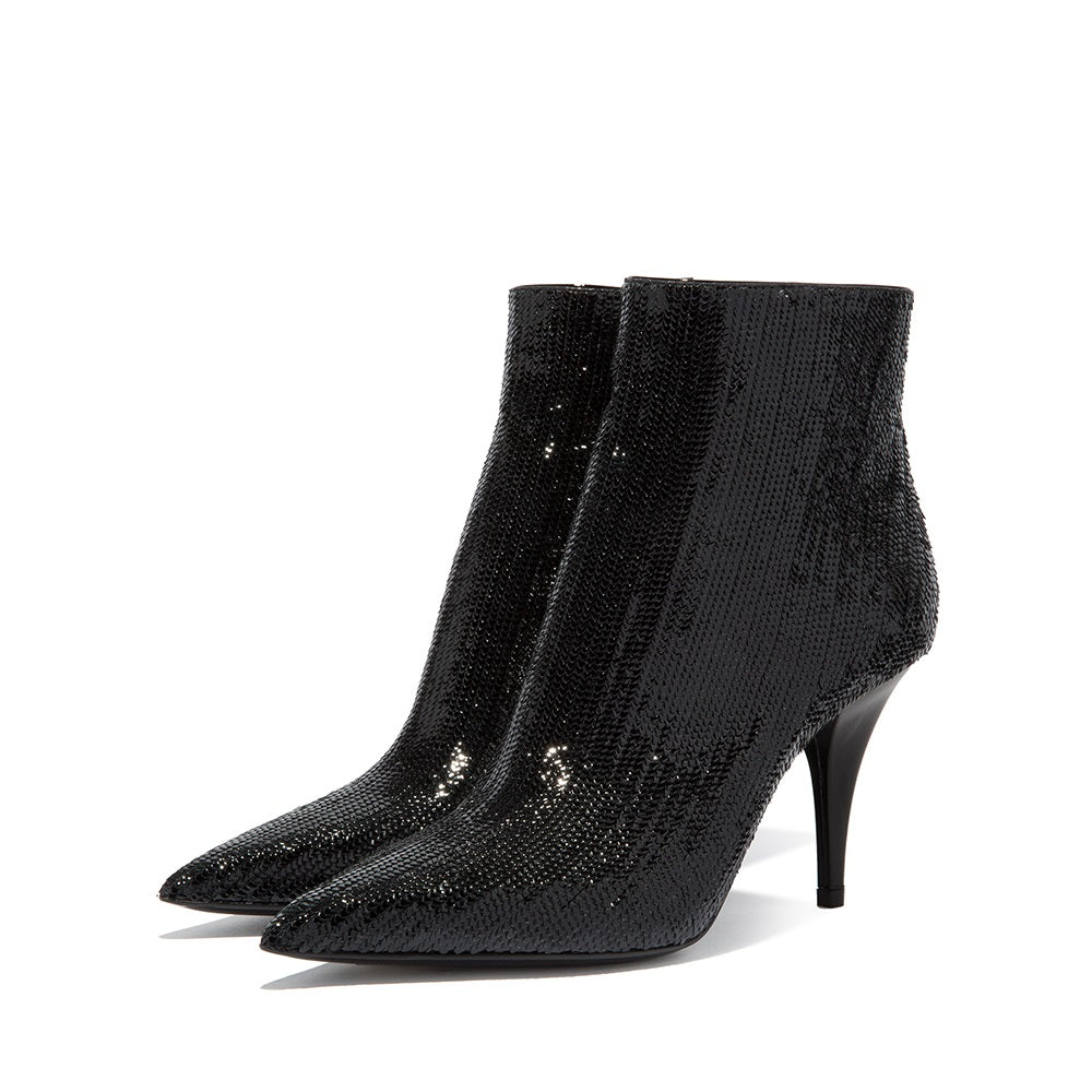 Black Pointed Toe Cone Heel Sparkly Ankle Boots for Women