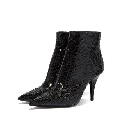 Black Pointed Toe Cone Heel Sparkly Ankle Boots for Women