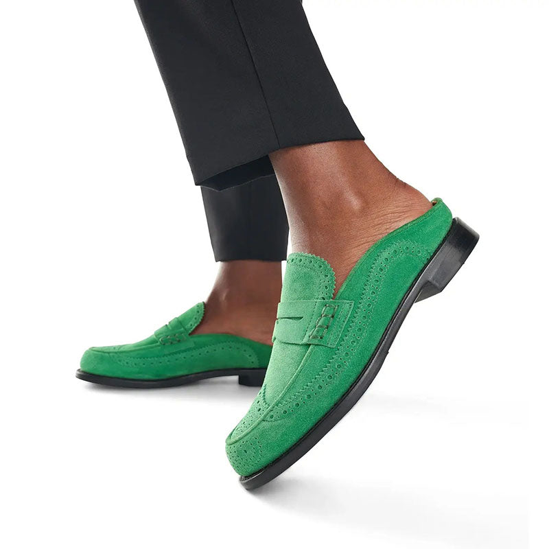 Women's Green Vegan Suede Low Block Heel Classic Mule Loafers