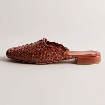 Brown Vegan Leather Square-Toe Woven Slip-On Lady's Formal Flats
