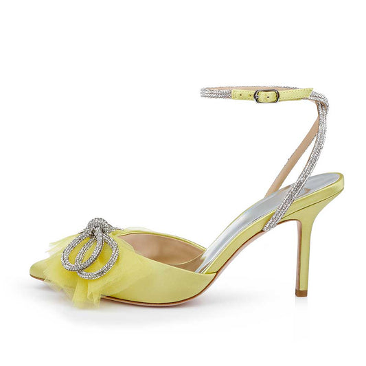 Yellow Satin Rhinestone Embellished Mesh Bow Ankle Strap Pumps Heels